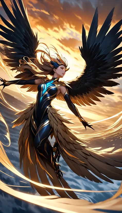 A majestic Harpy plunging headfirst from the heavens toward the earth her body streamlined for an intense dive, Her powerful wings are folded tightly against her back to maximize speed with individual feathers rippling under the pressure of the wind, Her s...