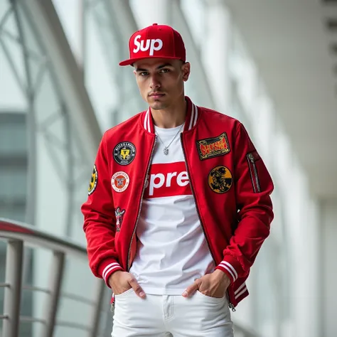 muscular. Young Spanish man . posing standing in a contemporary architectural environment. . He wears a red bomber jacket with striking details and patches ,  combined with a white t-shirt with the partially visible “Supreme” logo.  style. He also wears ti...