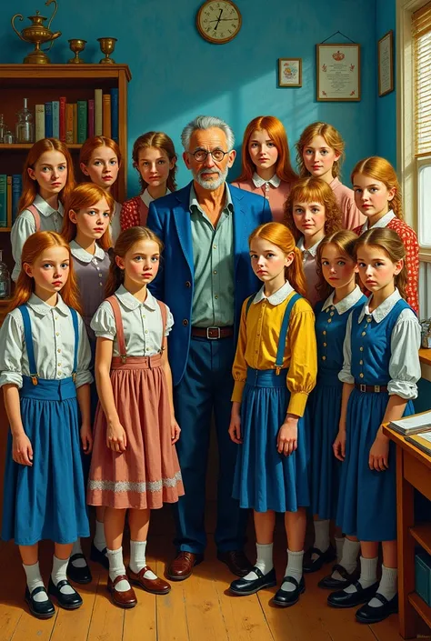  Please create a painted group portrait for me in the style of Vincent van Gogh .  There should be 12 female students and there should be 2 male students. There should also be a male teacher there .