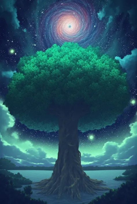 Big tree, Infinity Tree Galaxy, cor verde, anime style art, anime drawing, Full 4k