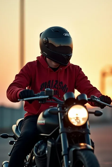  is a realistic photo in which we see the picture from afar, man, biker,  sitting on a motorcycle and raised his head to the sky , man спортивный, pumped up, but not very much,  wearing a large covered black AGV K7 helmet , covering the face ,  of a warm r...