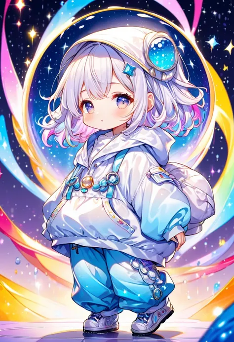 best quality, incredibly absurdres, extremely detailed, 2.5D, delicate and dynamic, chibi, cute girl, wearing baggy clothes, baggy pants, sparkly and vivid color effects, background another dimension