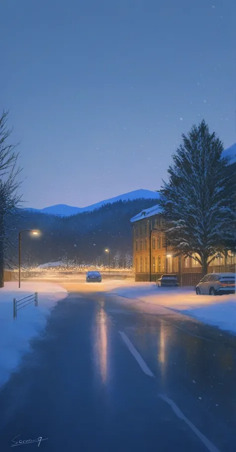  no_humans, ground_vehicle, scenery, outdoors, tree, motor_vehicle, night, snow, lamppost, traditional_media, building, window, road, sky, car, winter, reflection, signature, snowing, painting_(medium)

 Dutch corner,   , masterpiece fails, the best_qualit...