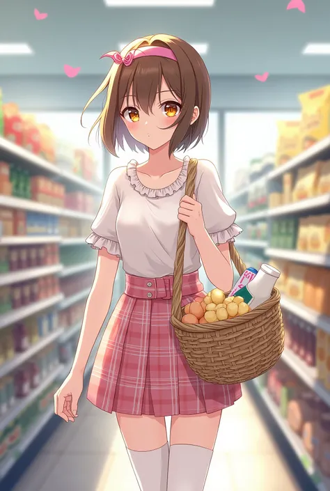 Woman standing in the grocery store, short_brown hair, pink head band, orange eyes, white tshirt wth frilled sleeves, pink plaid skirt, thin white thigh high socks, holding a grocery a grocery basket , items in basket; eggs, milk, cheese, bread, chips