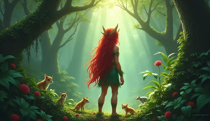 A mystical jungle scene featuring the red-haired, toe-turned Little Curupira and an otherworldly presence, a playful little guardian with bright red hair and turned-back feet. She stands among lush green trees and vibrant plants, surrounded by magical crea...