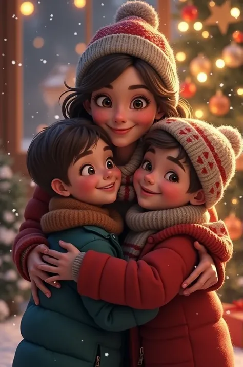 MERRY CHRISTMAS A WOMAN AND TWO BOYS NEXT TO HER