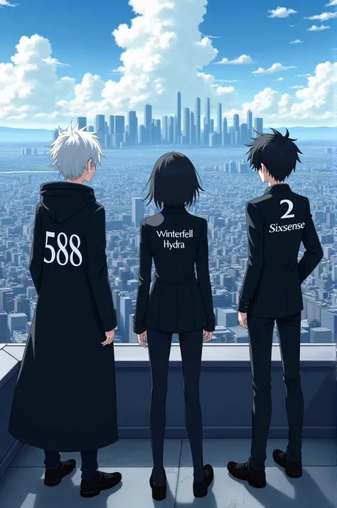 3 anime boys Person 1, white hair, black hood, written on the back says 588. Person 2, black hair, black suit, written as Winterfell Hydra. Person 3, black hair, black suit, written as Sixsense. All 3 of them are standing on the rooftop looking at the city...