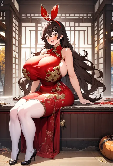 8k, masterpiece, best quality, ultra detailed, Ultra-high resolution, Highly detailed CG, break, 1girl, amber(genshin impact), kawaii, nsfw, gigantic breasts, slender, (Cheongsam:1.2), full body, indoors, sitting on sofa