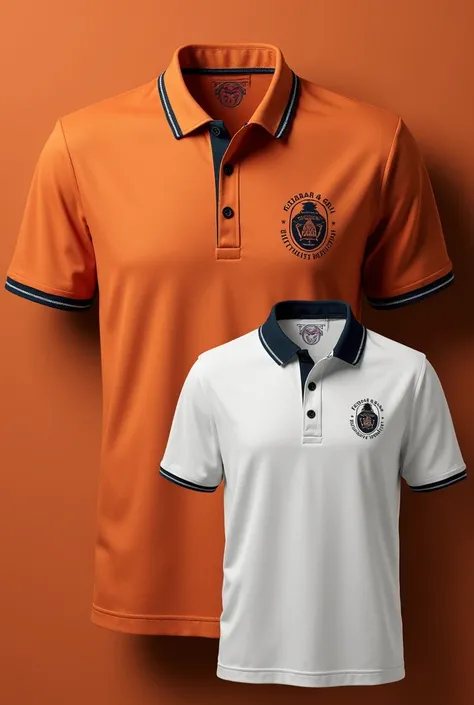 Generate different polo designs with the following colors, coppery orange and white with the name Fedebar &grill, with the logo of Barlong Balis face as a print and that is related to barbecuing and fire.  Minimalist and elegant design . 