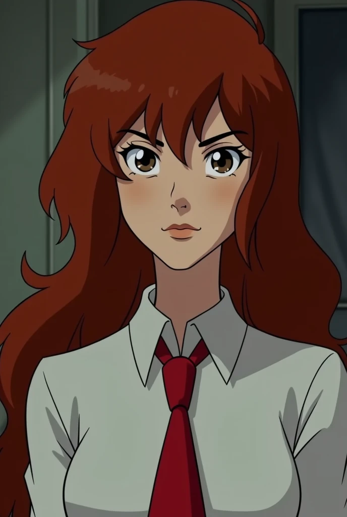 screenshot screencap Scooby Doo S/A Mystery series, beautiful and cute teenage woman, defined and lean/delicate body, with white skin, dark and long red hair, fluffy hair, sharp look, black eyes, deep eyes, she is wearing a white shirt with a red tie. Scoo...