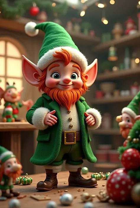 A beautiful and cute little leprechaun  () santa claus, You are happy and happy . Esta haciendo juguetes para regalar a los s.  Very nice Christmas decorative toy factory workshop background  