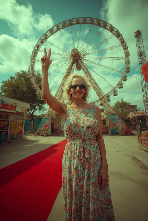 A vibrant and evocative wide-shot photo of an old woman with blonde hair, wearing blue sunglasses, captured standing confidently in front of an abandoned amusement park. She holds her hand up in a cheerful V sign, exuding a sense of rebellion and nostalgia...