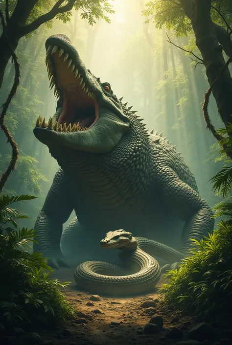 Giant crocodile is preying on a huge snake inside the Forest