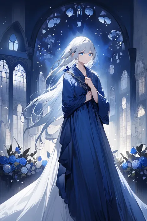  girl with silver hair and blue eyes、Hair is straight、Im wearing a navy blue coat、 fantasy atmosphere、Dont write flowers