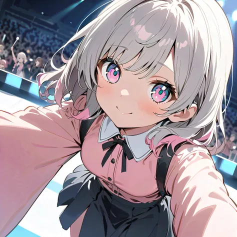  laughs、asymmetry bangs, swept bangs,{{{masterpiece}}}, {{{ top quality}}}, {{  super detailed }}, {beautiful detailed eye}, 1  girl, Alone, ((Grey Hair)),(bangs), angle from above、  looks up,  girl ,Midea,eye、  dynamic angle  、Long Grey Hair、 pink tips 、A...
