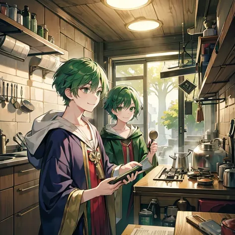  male student, Wizard, Robe, Green Hair, Short Hair, experiment, flask, boiling, Heating ,  steam , smile