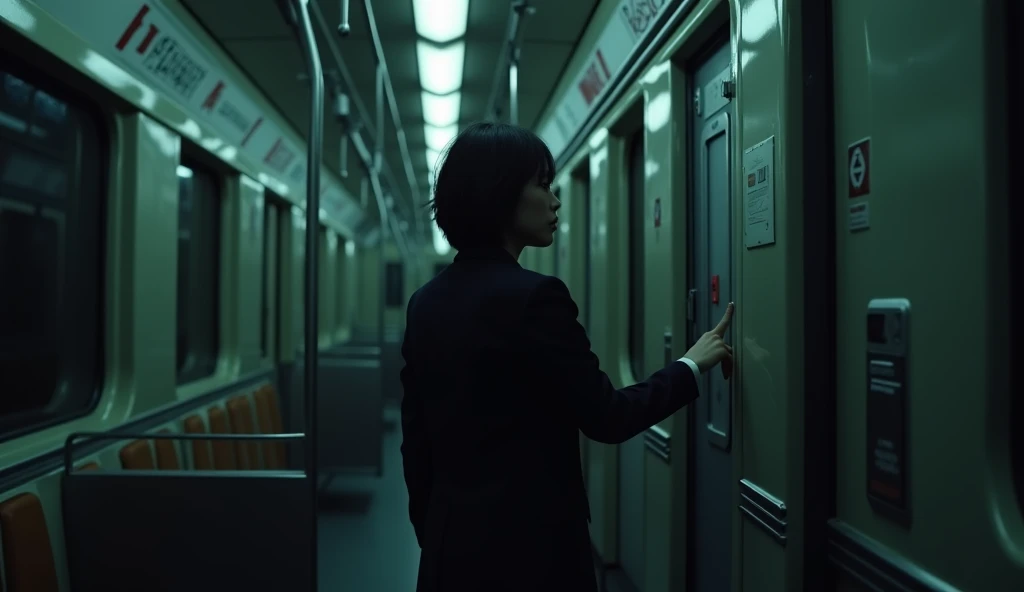 On a train at night, a Japanese woman in a suit is knocking on the conductors door. Eerie atmosphere.