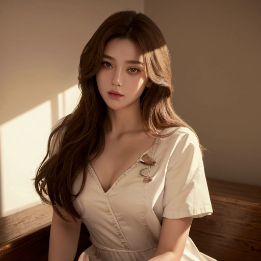 (8k,  BEST QUALITY , masterpiece:1,2), Realistic depiction ,  top quality, masterpiece, Long hair, Detailed eyes,  Cowboy shot ,  very beautiful face , Nice and stylish short nurse costume, Sit down, Seductive ,