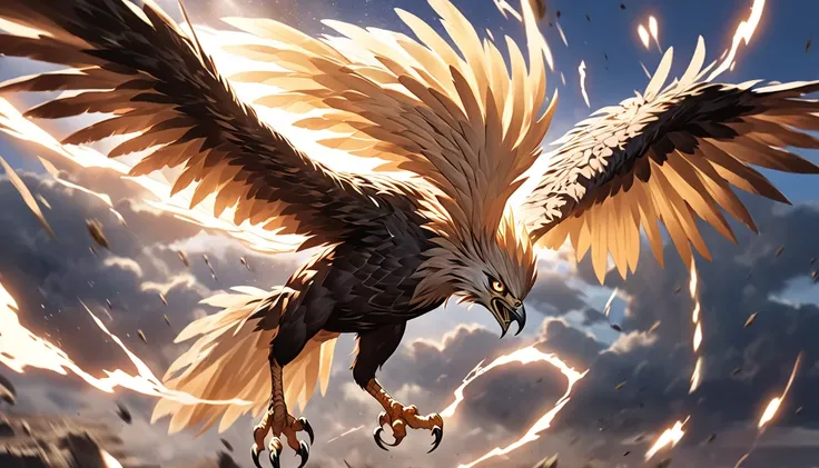 Emphasize how it glides from the sky to the ground, A breathtaking Harpy in mid-dive plummeting from the sky with astonishing speed, Her massive wings are angled sharply back feathers whipping in the wind creating a blur of motion as she streaks toward the...