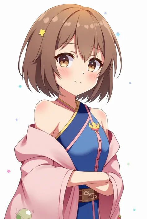 a new genshin impact character,shorthair shoulder level, bangs_hair brown_hair pink and blue outfit asymmetric outfit off shoulder top, girl model  brown_hair, brown_eyes, rabbit_girl, Inazuma, 1girl, Japanese style sleeve 