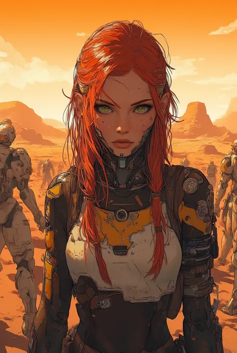 Pivalora1 , 26 years old,  loose red hair with braids ,  green eyes,  expression of challenge looking at the spectator ,  wearing a tribal costume with technological pieces ,  is in a post-apocalyptic desert with orange skies,  scrapped robots around ,  ar...