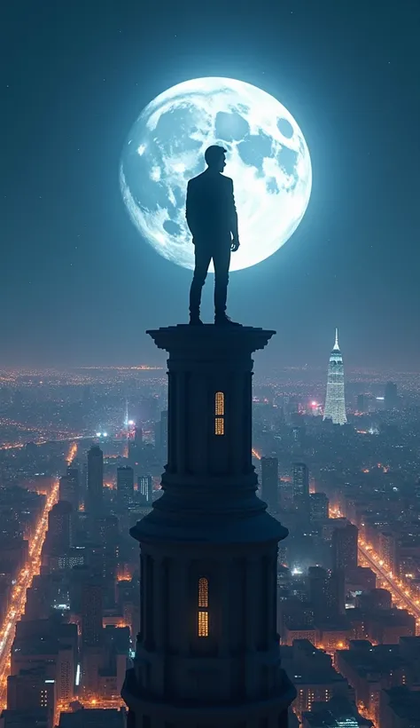 Generate an ultra-realistic image with professional lighting of a man atop a tower in the City of Lights on a well-lit full moon night 