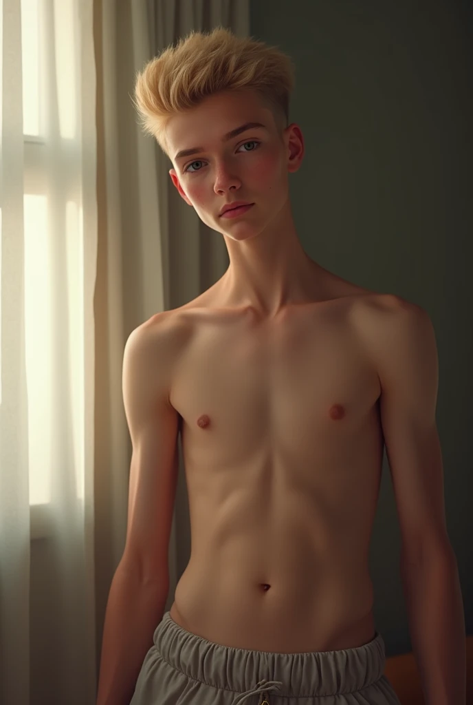  Create a 15-year-old boy who is my cousin .  His name is David and he is blond with a body and a young mans face and body.  She has teenage hair on her belly , Y measures 1 ,75 meters.  I find him in his room without a shirt .
I AM HIS COUSIN . 
 Make it ...