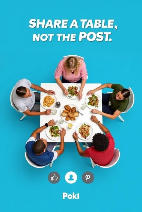 An advertisement-style image showing four people sitting around a square table sharing a meal, seen from a birds-eye view. The table is stylized to look like a social media post, complete with Like, Comment, and Share buttons at the bottom. The background ...