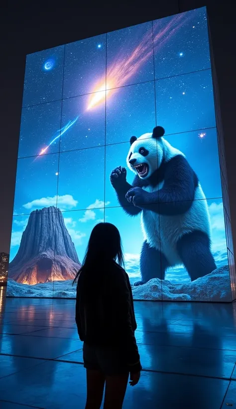 She is standing in front of the  Muay Thai fighter against .  the terrifying predatory panda  projected on a blue laser projector using the entire large glass-fronted building as a screen, really للغاية, really, Dramatic scene, Shadow, global illumination,...