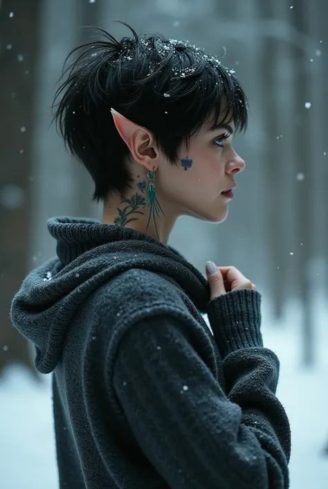  . imagen hiperrealista dark fantasy de mujer elfa atractiva pecosa de pelo negro muy largo al viento tatoos , en un bosque oscuro navideño, con viento, jersey de lana gris big size  vista amplia  piernas largas, pies descalzos sobre la nieve  nieva, parti...