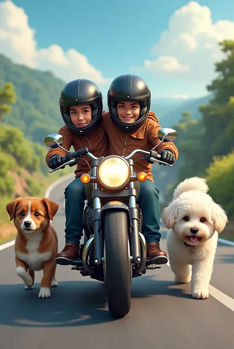 Couple with their helmets on a motorcycle with two dogs.  A small brown Border Coli puppy with a white trunk and a small white fresh poodle next to them