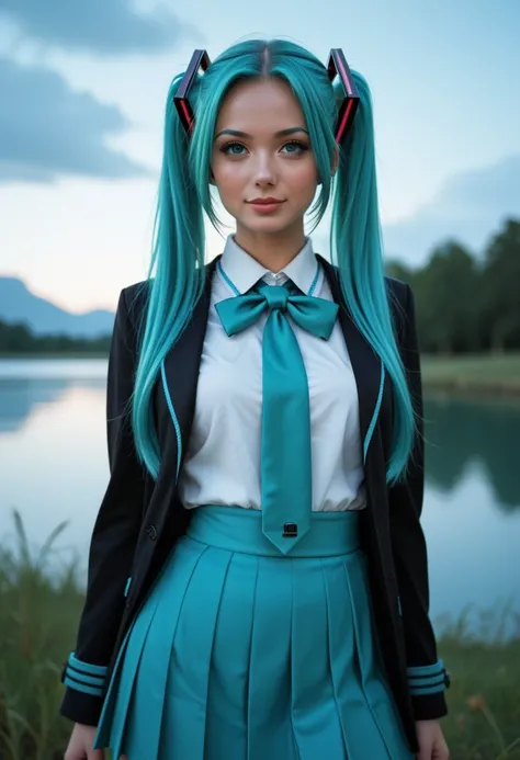 score_9, score_8_up, score_7_up, Western Comics, Cowboy Shot, Hatsune Miku, cute, seductive, innocent, light smile:0.3, plump lips, slender body, very long turquoise pigtails, school uniform like outfit, moonlight passing through hair, night lake backgroun...