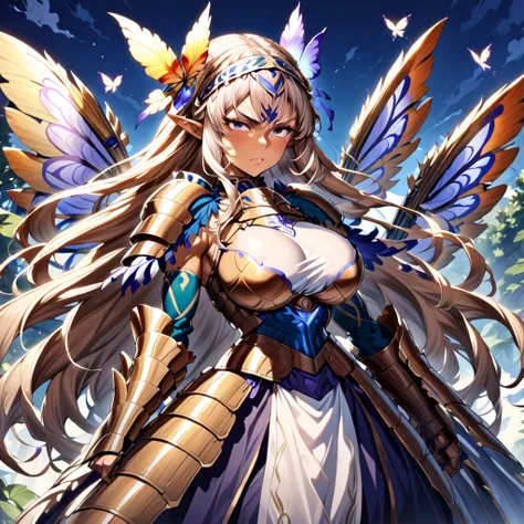 Anime, high detailed, 1 woman, mature woman, fairy woman, elf ears, extremely long alburn hair, tanned skin, curvy body, big Breasts, tribal armor, tribal warrior armor, ornamented headband, skirt, narrowed eyes, serious, butterflys wings, 