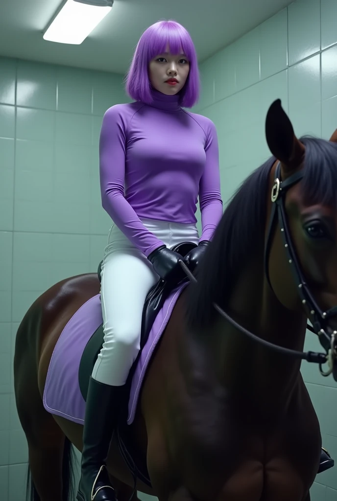 A Korean woman in her 20s with purple hair 、 wears purple long-sleeved gym clothes and long, white gym pants、Im wearing knee-length shiny black rubber boots、Wearing black rubber gloves and holding a whip in the toilet。Riding on a black horse and looking ah...