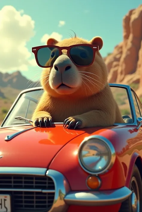 A capybara inside a sunglasses-wearing car