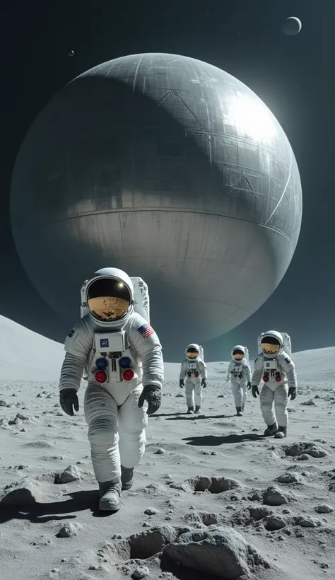  A scene of astronauts landing on the moon, but in the background there is a huge metallic sphere ,  that looks like an alien structure watching .
