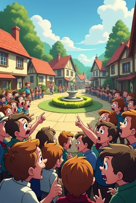 A group of villagers standing in the square, animated and upset. Some are pointing at a garden, while others shake their heads or have angry expressions.