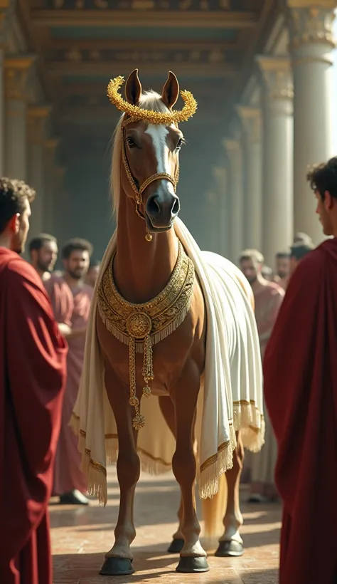 "A surreal image of a horse, Incitatus, standing proudly in the Roman Senate. The horse is dressed in a flowing white toga with a golden laurel wreath on its head. Around it, shocked Roman senators in traditional attire are either whispering to each other ...