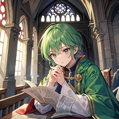  male student, Wizard, Robe, Green Hair, Short Hair, middle ages, prayer, church, anxiety, Late Night