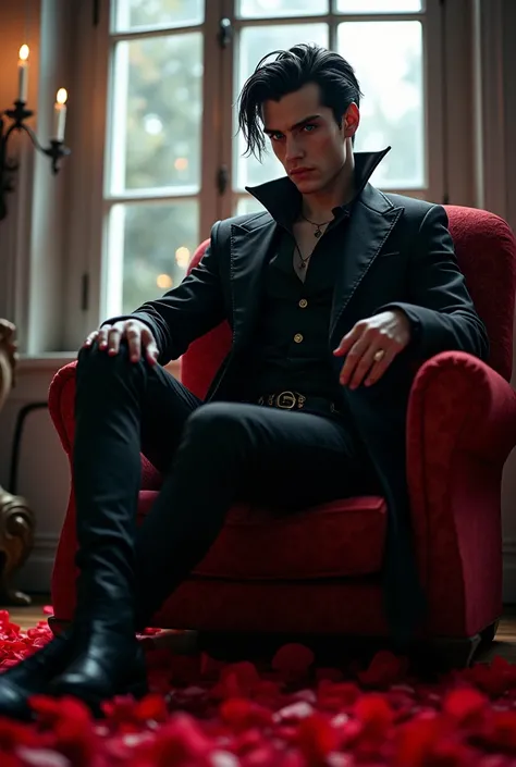 bold, cunning, insane,  mysterious , charismatic vampire guy ,  night-black hair , fashionable haircut, crystal blue eyes , завораживающий temptationяющий insane взгляд, sly smile,  light smooth pale skin , full-length audacity ,  sensuality , temptation, ...