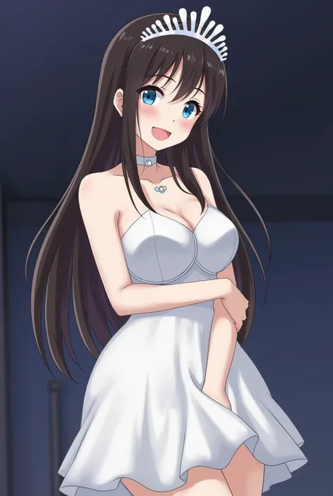 sagisawa fumika, 1 , Alone, watching, pendant watching,  Blue Eyes, breasts, shezfe , tiara, dress,  long hair ,  cleavage,  looking at the viewer, White Shezfe  , bare shoulders,  Open mouth, large breasts,  strapless ,  choker, Blush, white dress,  black...