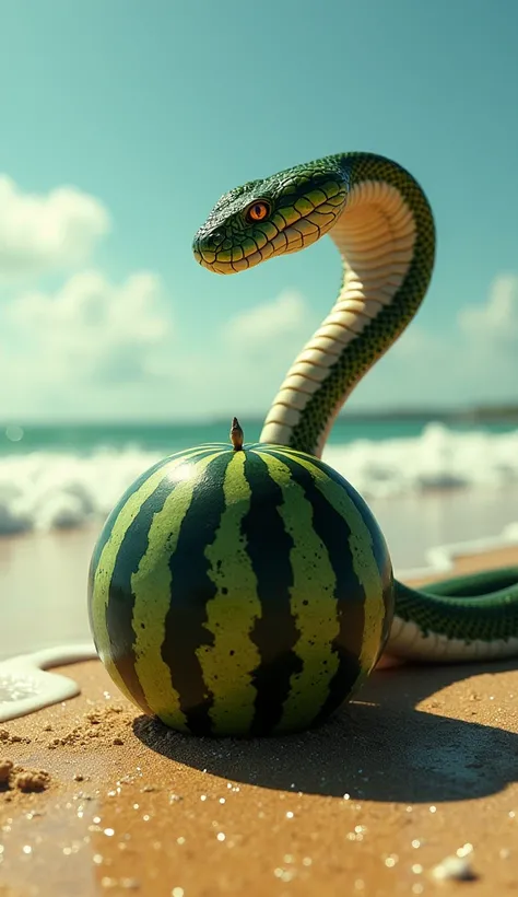 A cinematic scene at a bright, sunlit beach, where a majestic cobra and a large, perfectly round watermelon face each other near the shoreline. The cobra, with its hood flared wide, rises menacingly from the golden sand, its glossy scales shimmering in the...