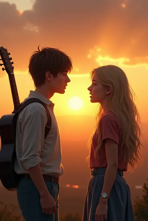 a 20 year old brother with straight brown hair who has a guitar on his shoulders and a teenage sister with long wavy blonde hair, who are arguing and watching the sunset from behind