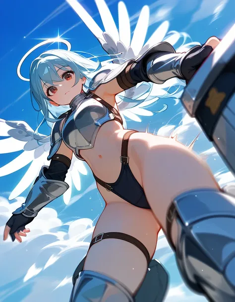 Score_9,Score_8_up,Score_7_up,highest quality, source_anime, highest quality, BREAK girl, knight, armor, light blue hair, long hair, brown eyes, (she does nosedive from sky to viewer:1.5), (she flying to viewer at high speed:1.3), (magical shine wings:1.5)...