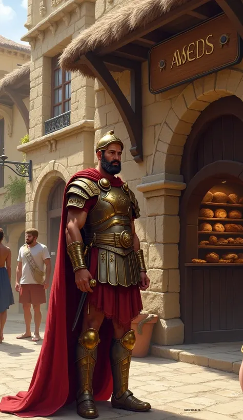 A roman soldier is standing infront of baker woman shop