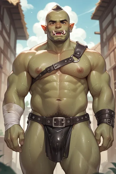 (highly detailed black eyes), male hairy bald-head fatty green-skin orc wearing leather bandage on black loincloth, drenched in sweat, fangs out,