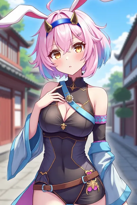 a new genshin impact character,short_hair bangs_hair pink and blue outfit asymmetric outfit off shoulder top, girl model  brown_hair, brown_eyes, rabbit_girl, Inazuma, 1girl, Japanese style sleeve 