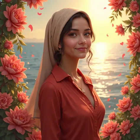 Samia, Girl, Alone, shirt, looking at you, face, perfect, flores, high quality,  radiant, gentleman, pious, red shirt, Red velvet, Water, ocean,  heart