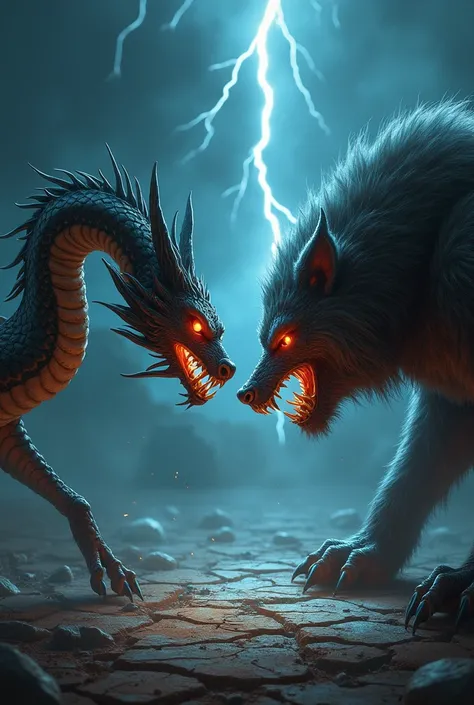 Create a detailed and dramatic scene where a Morae (a mythical serpent-like creature with glowing scales, sharp fangs, and glowing eyes) and a Bhediya (a large, fierce werewolf-like creature with thick fur, sharp claws, and glowing red eyes) are facing eac...