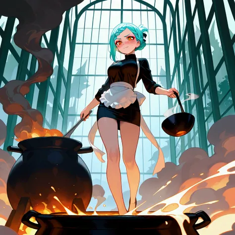 1girl, full body, giant witch cauldron, smoke from cauldron, mixing with long spoon, (best quality), 8k, masterpiece, aqua hair, short hair, braided bangs (hairstyle), calm, BREAK, orange eyes, blushing:1.2, scary face, BREAK, freckles, BREAK, perfect face...